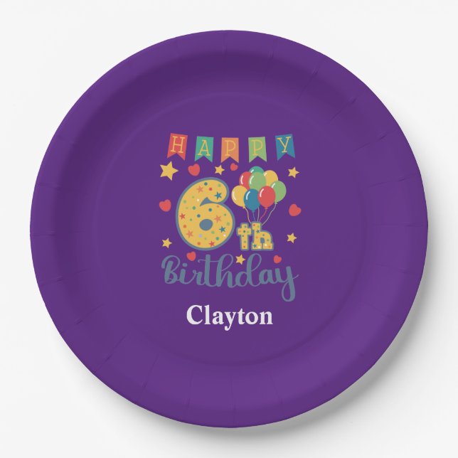 Custom Happy 6th Birthday Party Paper Plate (Front)