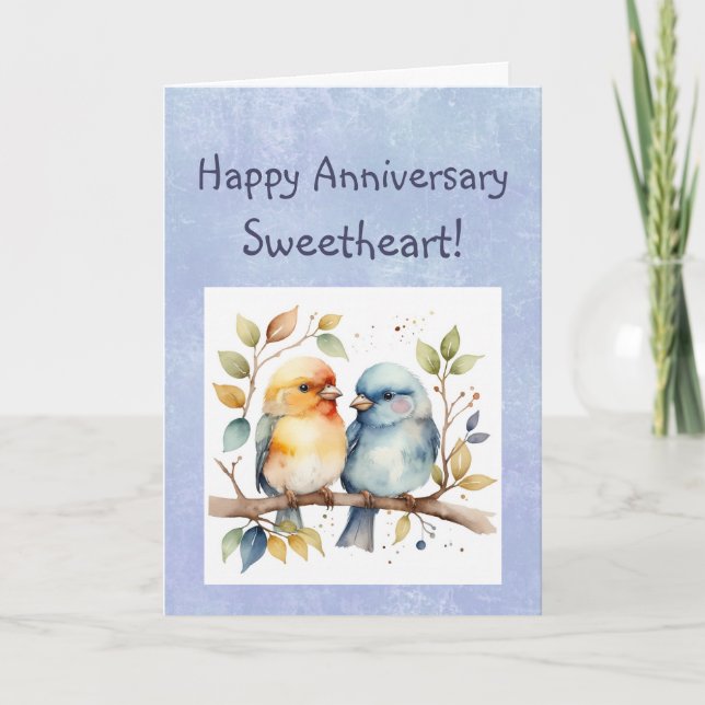 Custom Happy Anniversary Sweetheart Cute Lovebirds Card (Front)