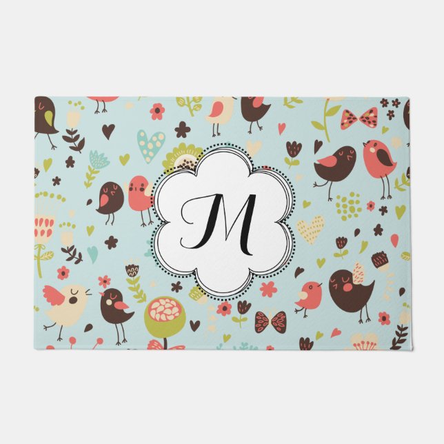Custom Happy Birds in Fields of Flowers Doormat (Front)