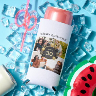 Custom happy birthday balloon 4 Photo collage Seltzer Can Cooler