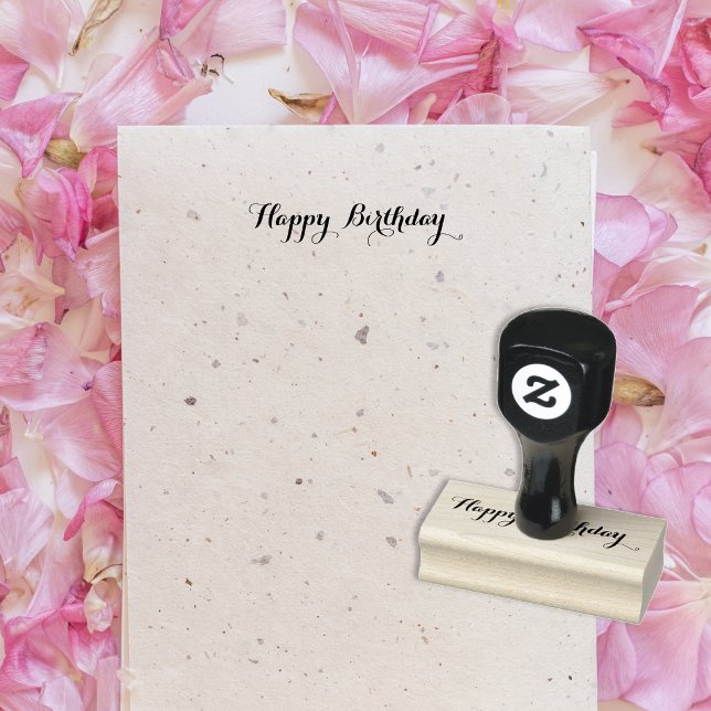 Custom Happy Birthday Greeting Elegant Script Wood Rubber Stamp (Custom Happy Birthday Greeting Elegant Script Wood Rubber Stamp)