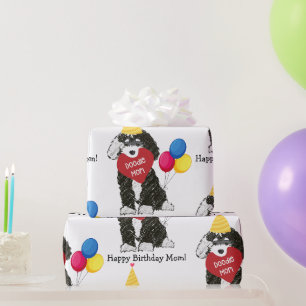 Custom Happy Birthday Mom B & W Bernedoodle Wrapping Paper