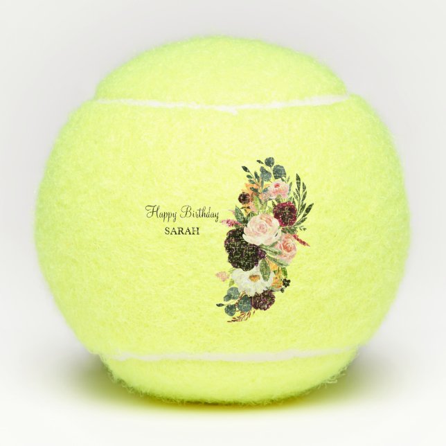 Custom Happy Birthday Name Floral Tennis Balls (Front)
