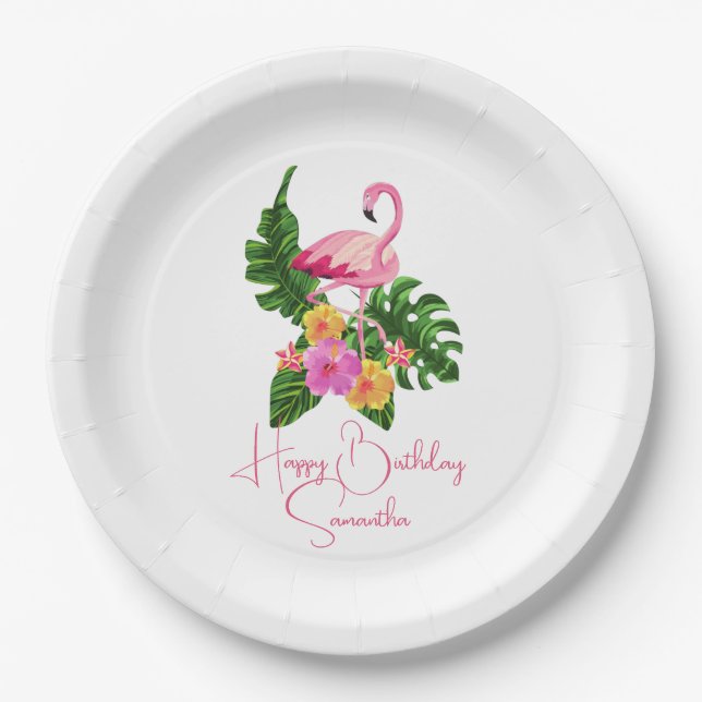 Custom Happy Birthday Party Tropical Flamingos Paper Plate (Front)