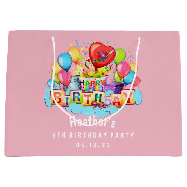 Custom Happy Birthday Personalized Pink Large Gift Bag (Front)