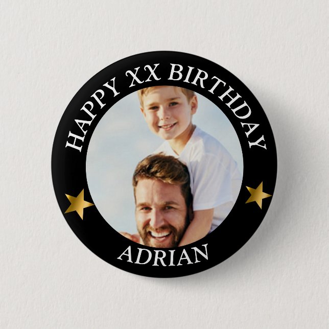  Custom Happy Birthday Photo and Age Name 2 Inch Round Button (Front)