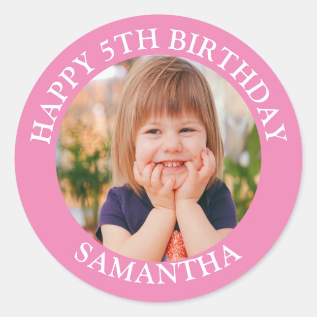 Custom Happy Birthday Photo Name Age  Classic Round Sticker (Front)