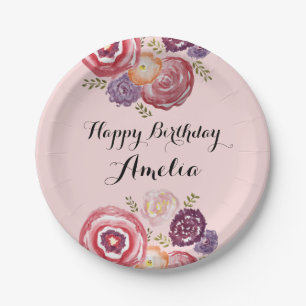 Custom Happy Birthday Pink Flower Paper Plate