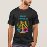 Custom HAPPY CHANUKAH T-Shirt<br><div class="desc">Elegant,  stylish HANUKKAH T-shirt,  designed with faux gold menorah,  colourful Star of David and silver coloured dreidel plus CUSTOMIZABLE GREETING,  so you can create your own greeting. Ideal for Hanukkah season. Choose from a wide section of Hanukkah clothing and gifts,  designed by Berean Designs.</div>