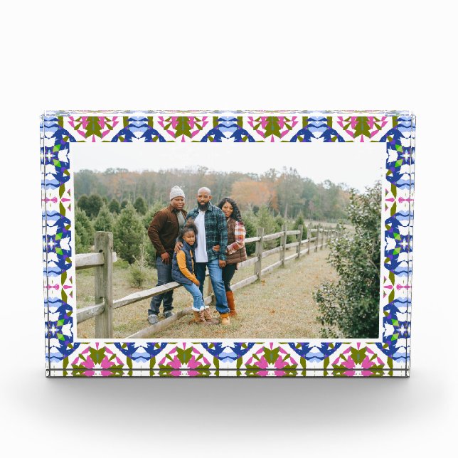 Custom Happy Green Bright Blue Christmas Keepsake Photo Block (Front)