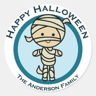 Custom Happy Halloween Blue Mummy Monster Favour Classic Round Sticker