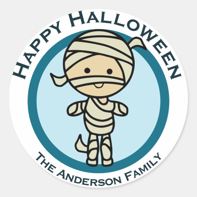 Custom Happy Halloween Blue Mummy Monster Favour Classic Round Sticker (Front)