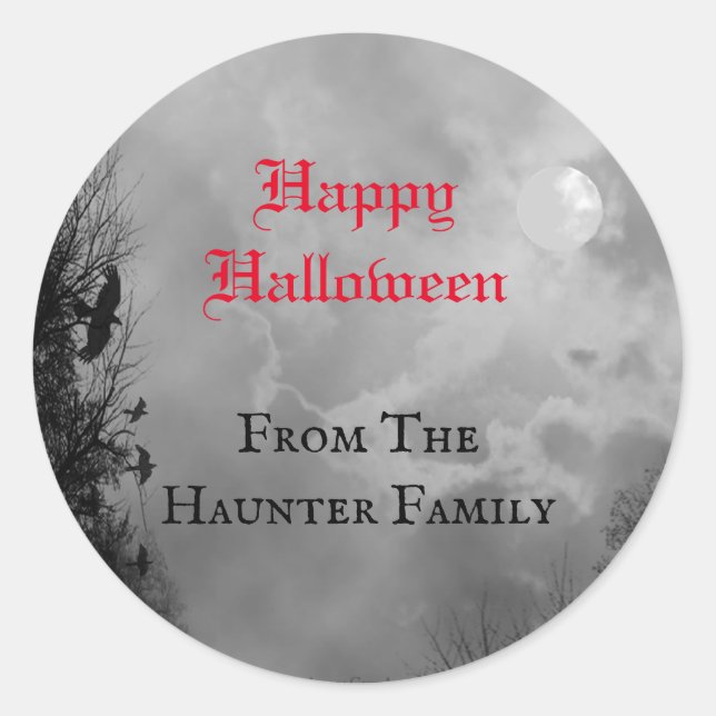 Custom Happy Halloween Full Moon and Raven Sticker (Front)
