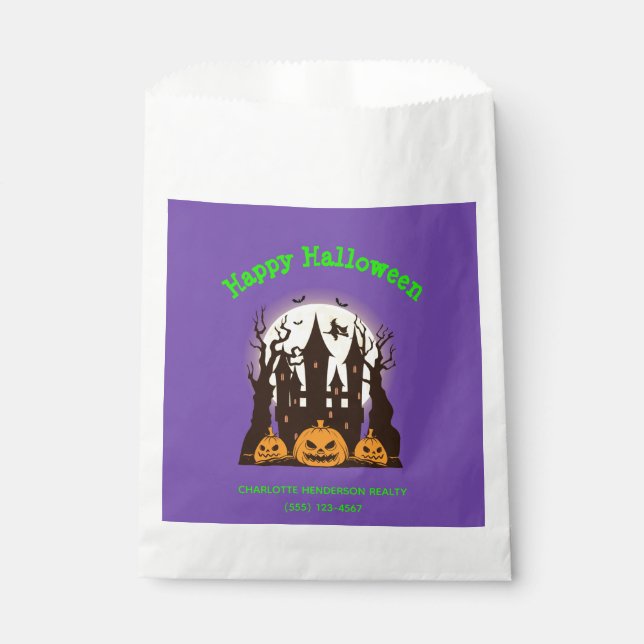 Custom Happy Halloween Haunted House Purple Favour Bag (Front)