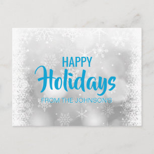 Custom HAPPY HOLIDAYS Blue Silver Snow Snowflakes Holiday Postcard