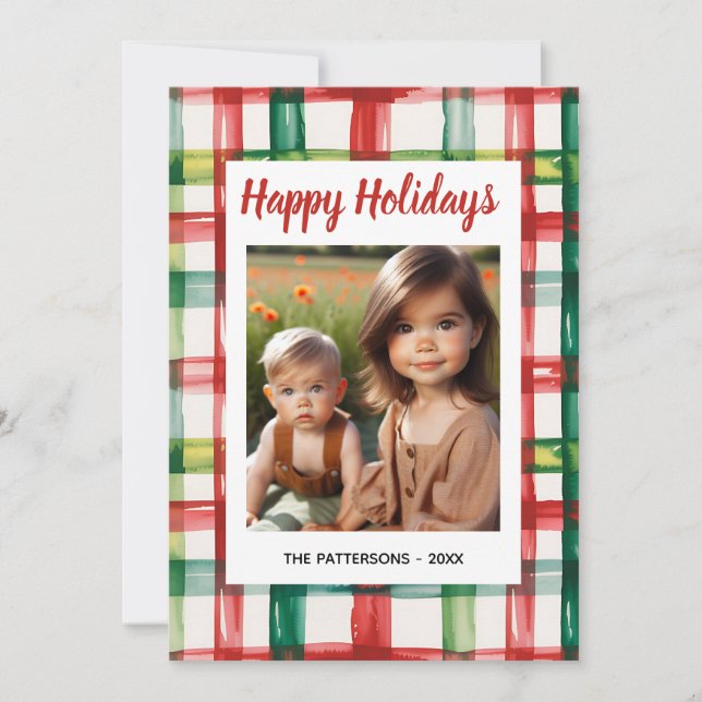 Custom Happy Holidays Fun Plaid Red Green Photo Holiday Card (Front)