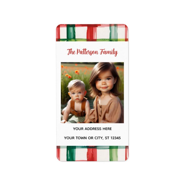 Custom Happy Holidays Fun Plaid Red Green Photo Label (Front)