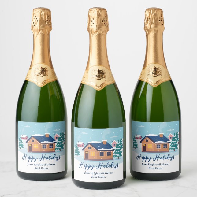 Custom Happy Holidays Real Estate Company Party Sparkling Wine Label (Bottles)
