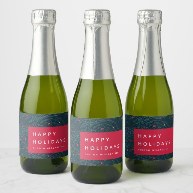 Custom Happy Holidays Spruce Berries Modern Red Sparkling Wine Label (Bottles)