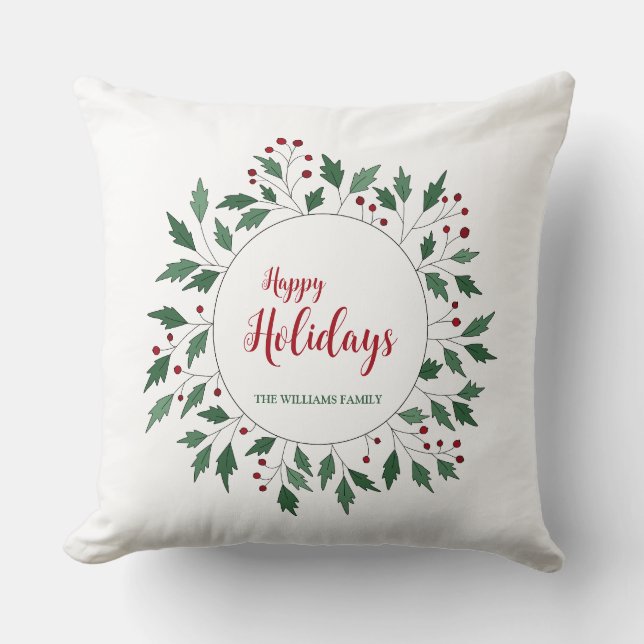 Custom Happy Holidays Wreath Throw Pillow (Front)