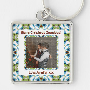 Custom Happy Merry Christmas Granddad Green Photo Keychain