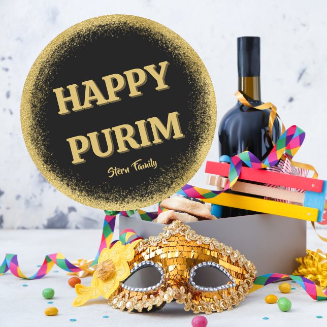 Custom Happy Purim Classic Gold Glitter  Round Sticker (Creator Uploaded)