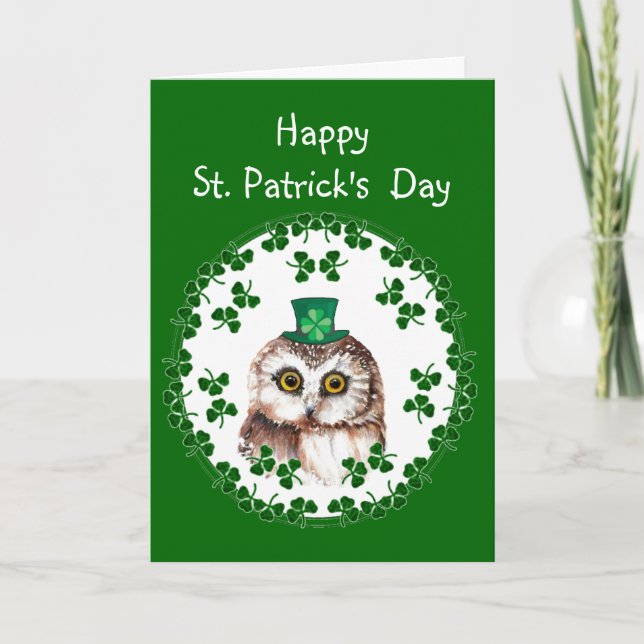 Custom Happy St. Patrick's Day Shamrock Cute Owl Card (Front)
