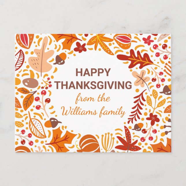 Custom Happy Thanksgiving Autumn Leaves Wreath Postcard (Front)
