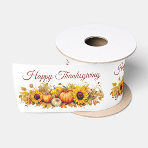 Custom Happy Thanksgiving Pumpkins Sunflowers Satin Ribbon