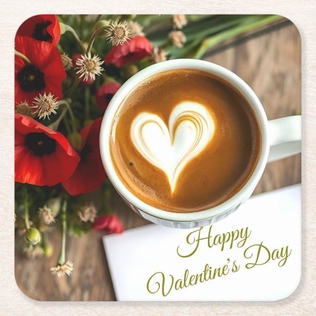Custom Happy Valentine's Day Coffee Cup with Heart Square Paper Coaster (Front)