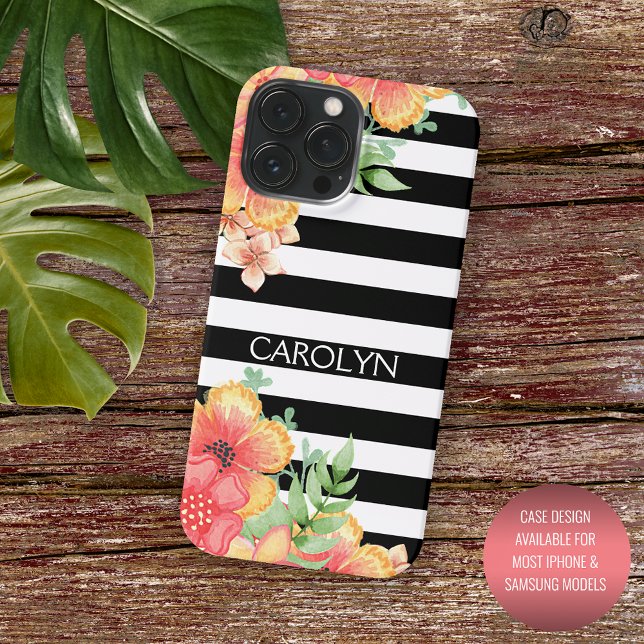 Custom Hawaii Flowers Black White Stripes Pattern iPhone Case (Creator Uploaded)