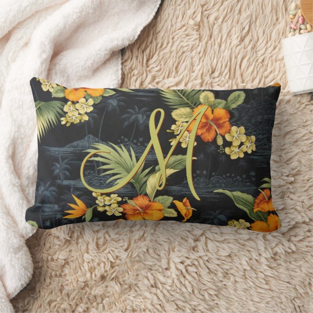 Custom Hawaiian Orange Hibiscus Flower Pattern Lumbar Pillow (Blanket)