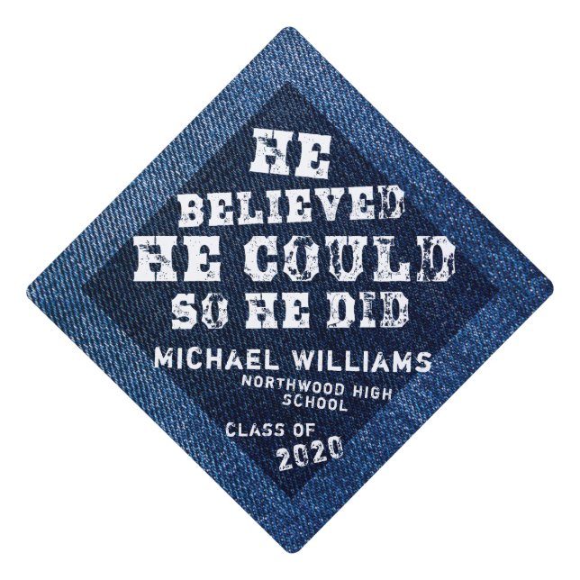 Custom He Did It Denim Graduation Cap Topper (Front)