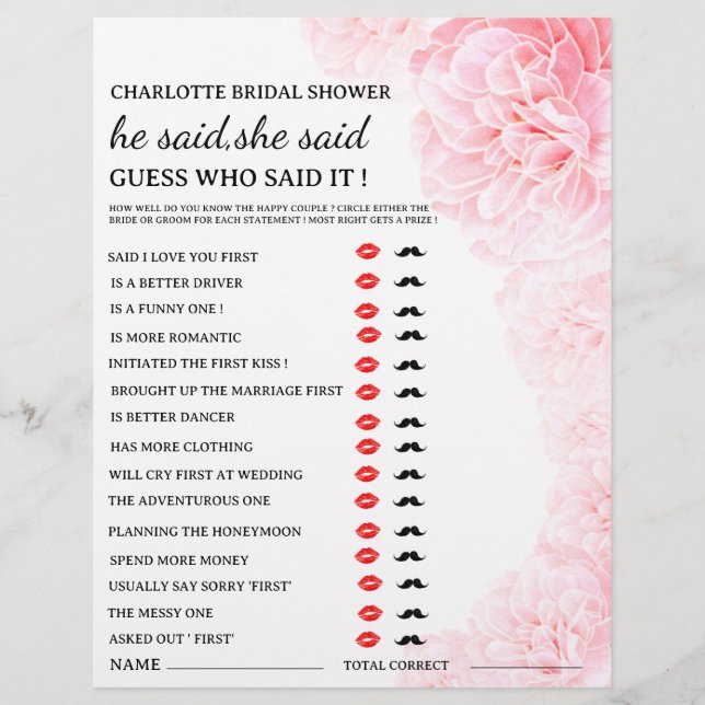 Custom He said She said Bridal Shower Game  Flyer (Front)