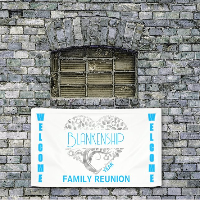 Custom Heart Art Tree White Blue Horizontal Banner (Welcome family at your reunion with this custom banner. )