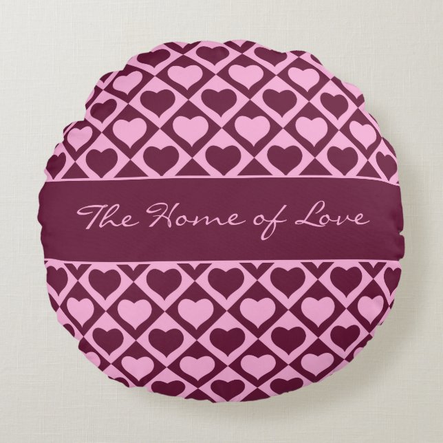 Custom Heart Checkerboard Pattern Bordeaux Pink -  Round Pillow (Front)