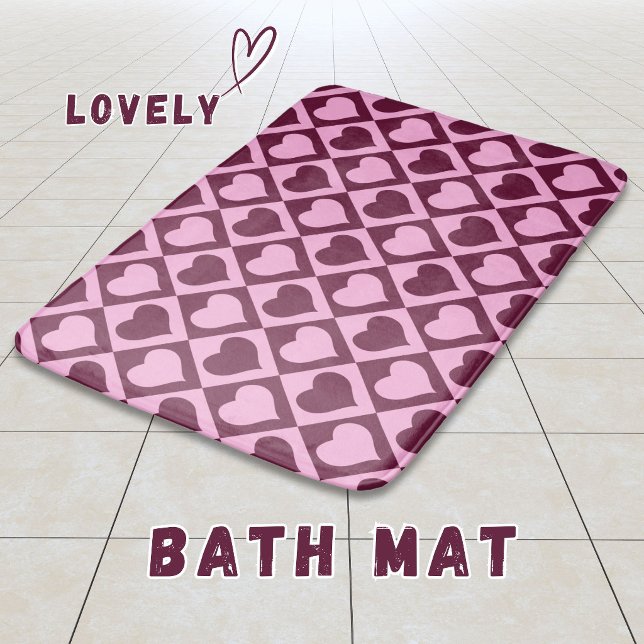 Custom Heart Chequerboard Pattern Bordeaux Pink -  Bath Mat (Creator Uploaded)