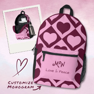 Custom Heart Chequerboard Pattern Pink Bordeaux -  Printed Backpack