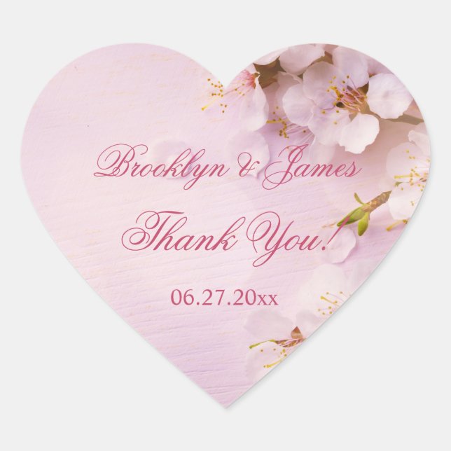 Custom Heart Cherry Blossom Wedding Favour Sticker (Front)