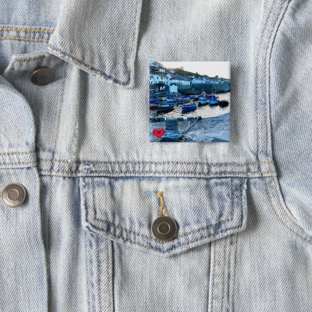 Custom Heart Coverack Harbor Dusk Cornwall Photo 2 Inch Square Button (In Situ)