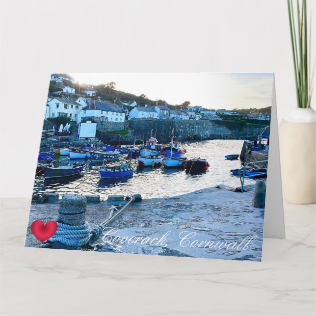 Custom Heart Coverack Harbour Dusk Cornwall Photo Card (Front)