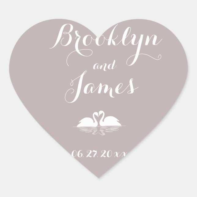 Custom Heart Elegant Grey Wedding Stickers Swans (Front)