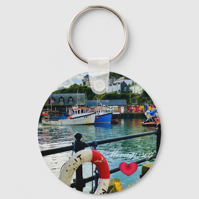 Custom Heart Mevagissey Harbour Lifebuoy Cornwall Keychain (Front)