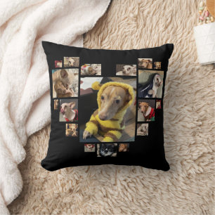 Custom Heart Multiple Photo Collage Dogs Black Throw Pillow