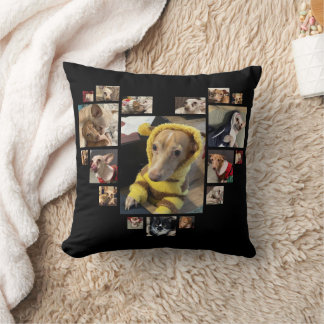 Custom Heart Multiple Photo Collage Dogs Black Throw Pillow
