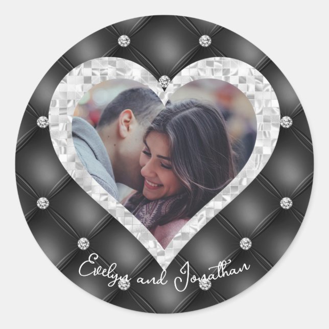 Custom Heart Photo Black & Silver Diamonds Wedding Classic Round Sticker (Front)