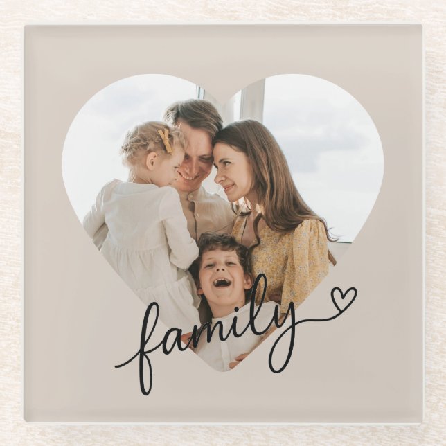 Custom Heart Photo Family Pillow – Home Decor Glass Coaster (Front)