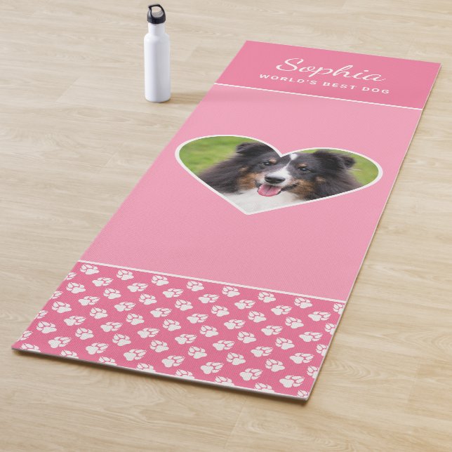 Custom Heart Shape Pet Photo On Pink & Text Yoga Mat (In Situ)