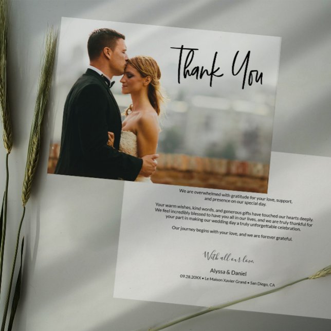 Custom Heartfelt message wedding photo Modern Thank You Card (Modern Wedding Thank you Photo card with message, names, wedding date and location.)