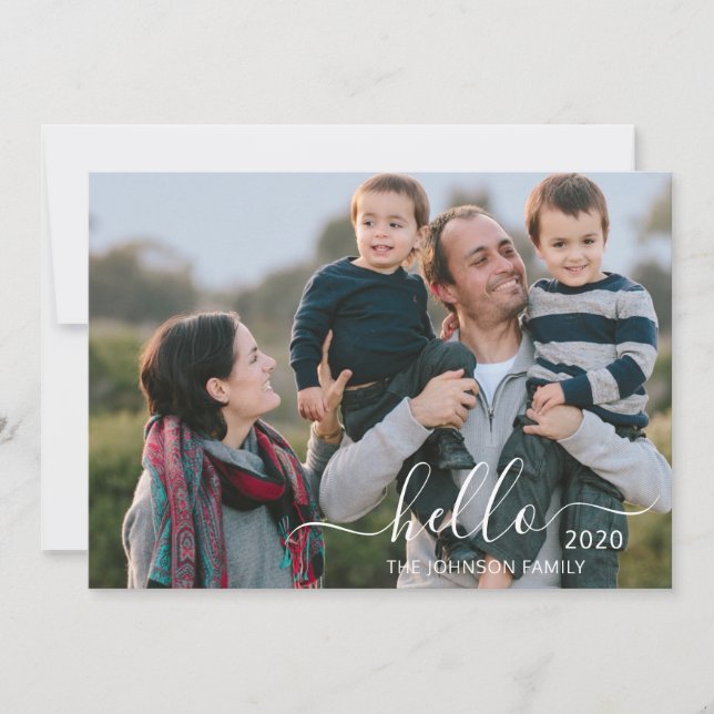 Custom Hello 2 Photo Message Script Happy New Year Holiday Card (Front)